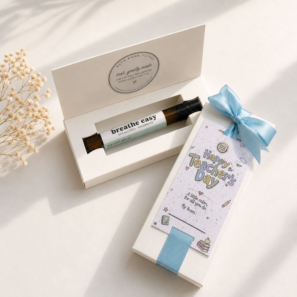 Breathe Easy Teacher's Day pillow mist gift box with blue ribbon, eucalyptus and spearmint