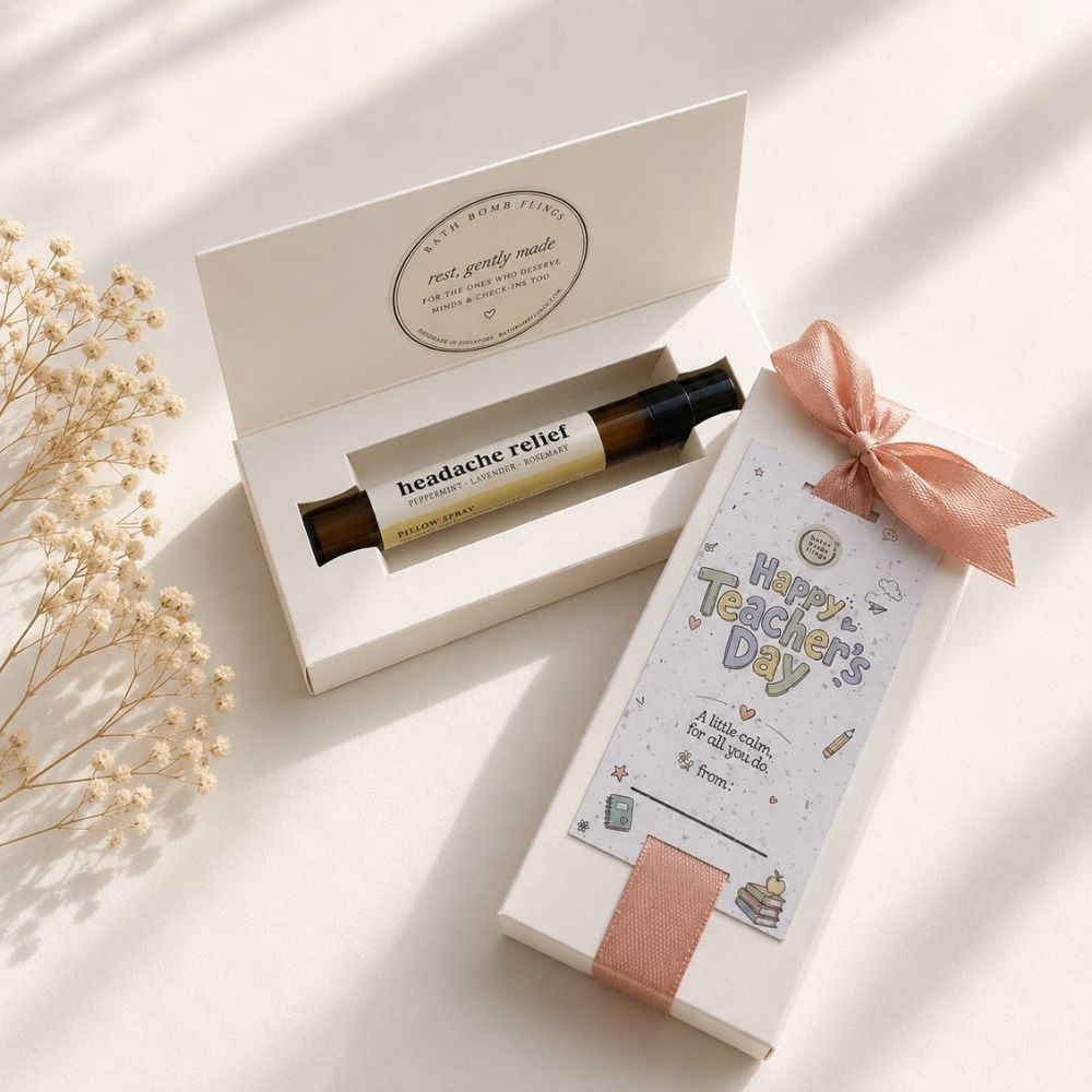 Headache Relief Teacher's Day pillow mist gift box with pink ribbon, lavender, peppermint and rosemary