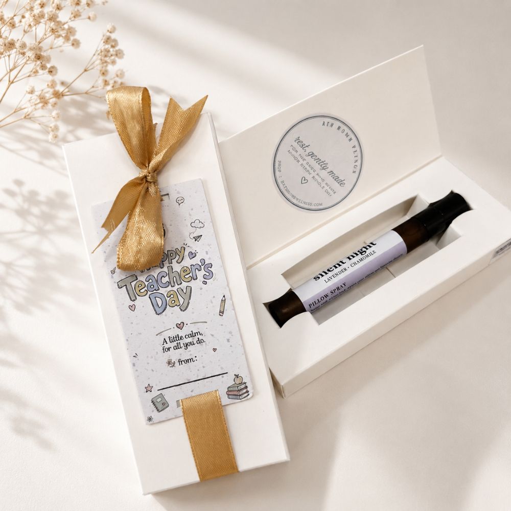 Silent Night Teacher's Day pillow mist gift box with gold ribbon, lavender and chamomile